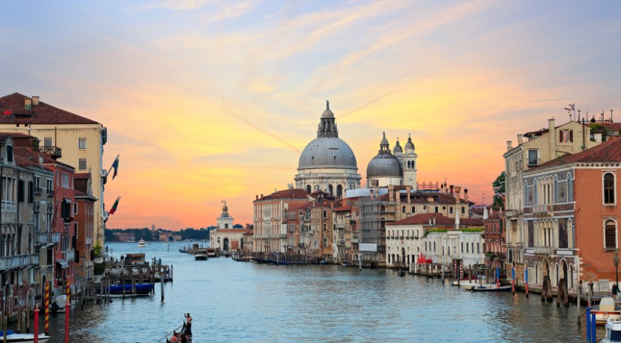 Most beautiful and visited view from Accademia Bridge on Grand Canal in Venice, Venice is the major tourist destination in Italy, always crowded with tourist and visitors. Image taken at sunset with my Canon 6D on Jun 2016.