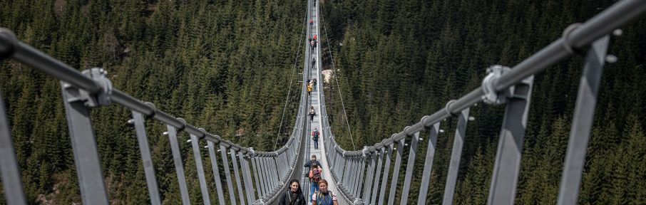 A Sky Bridge 721, suspensa por cabos, fica 95 metros acima do fundo do vale e se estende entre 1.110 e 1.116 metros acima do nível do mar